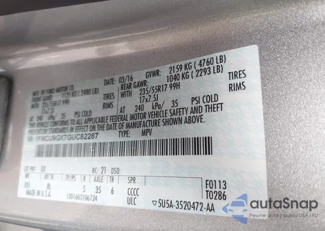 2016 Ford Escape Se from USA, damaged, VIN 1FMCU9GX7GUC82287